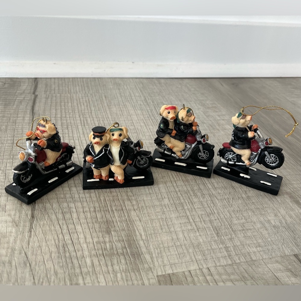 Pork Choppers Ornament Set of Four Hogs Riding Harley Style Motorcycle Vintage